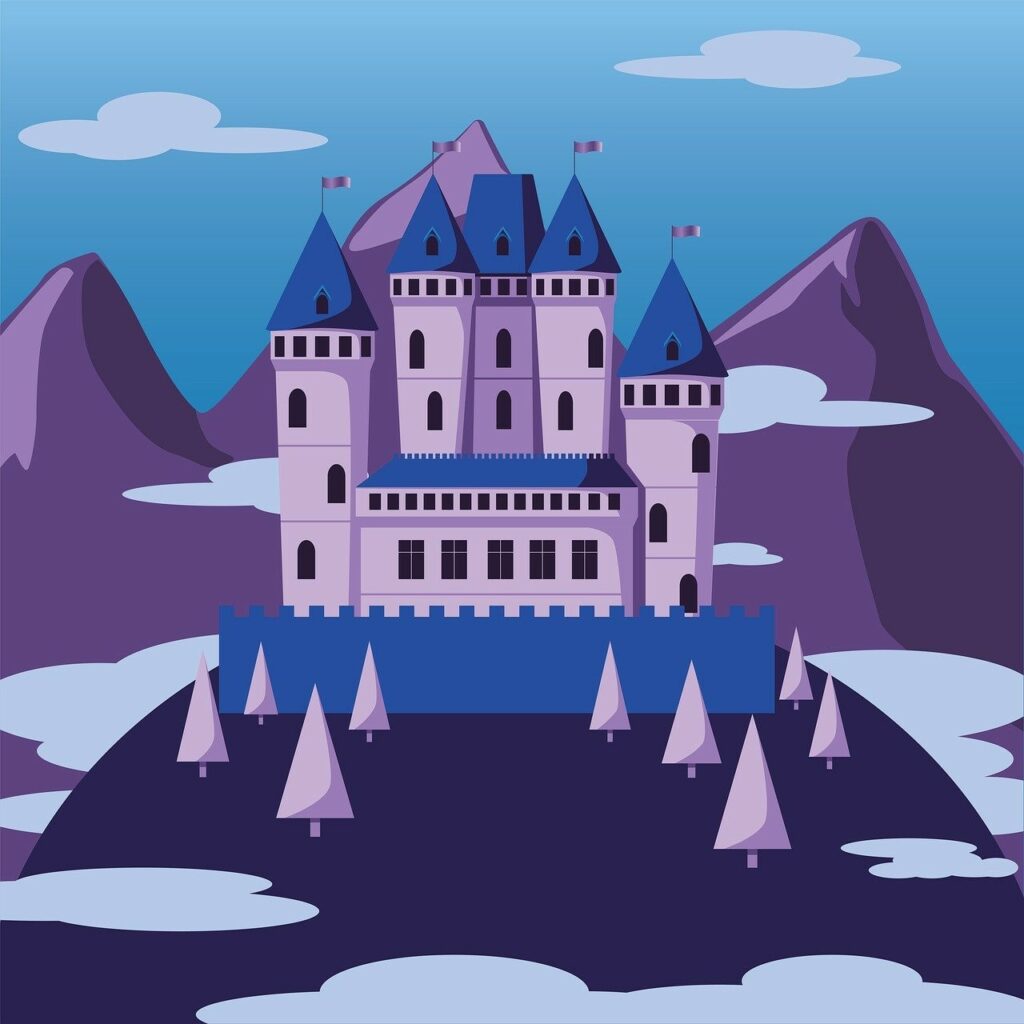 fairy tale castle with a blue roof