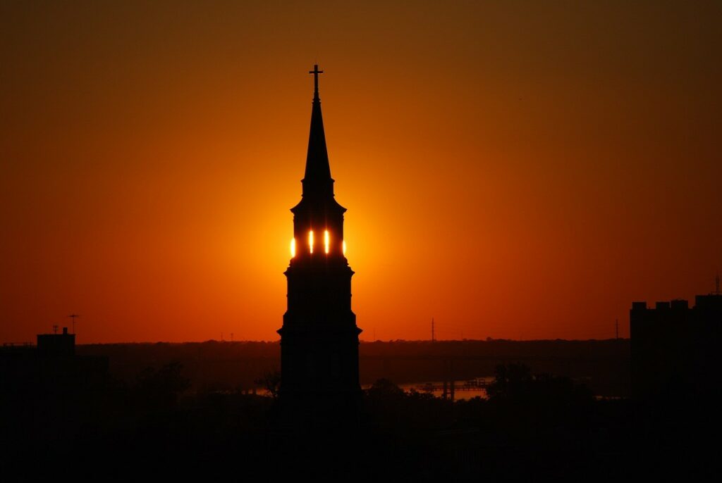 South Carolina church steeple at sunset
