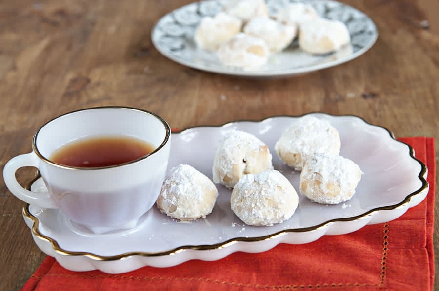 Mexican Wedding Cookies seared with a cup of tea