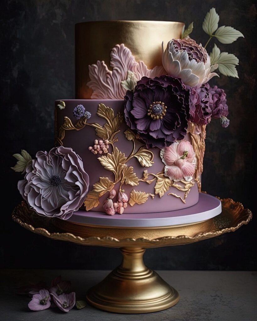 gold and mauve wedding cake with flowers and texture