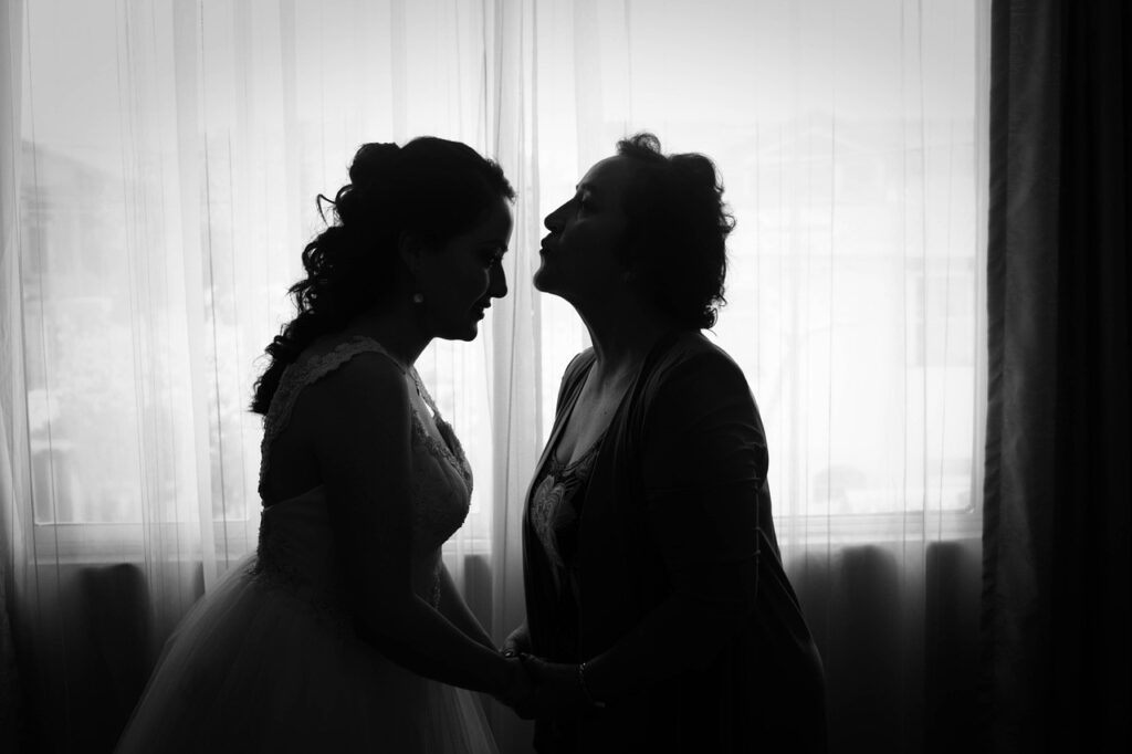 mother and bride black and white photo