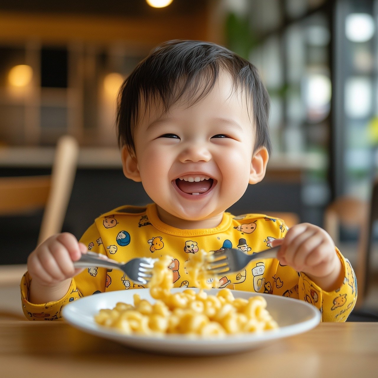 A young Asian boy in bridght yellow outfit enjoys his mac 'n cheese Pixabaaay