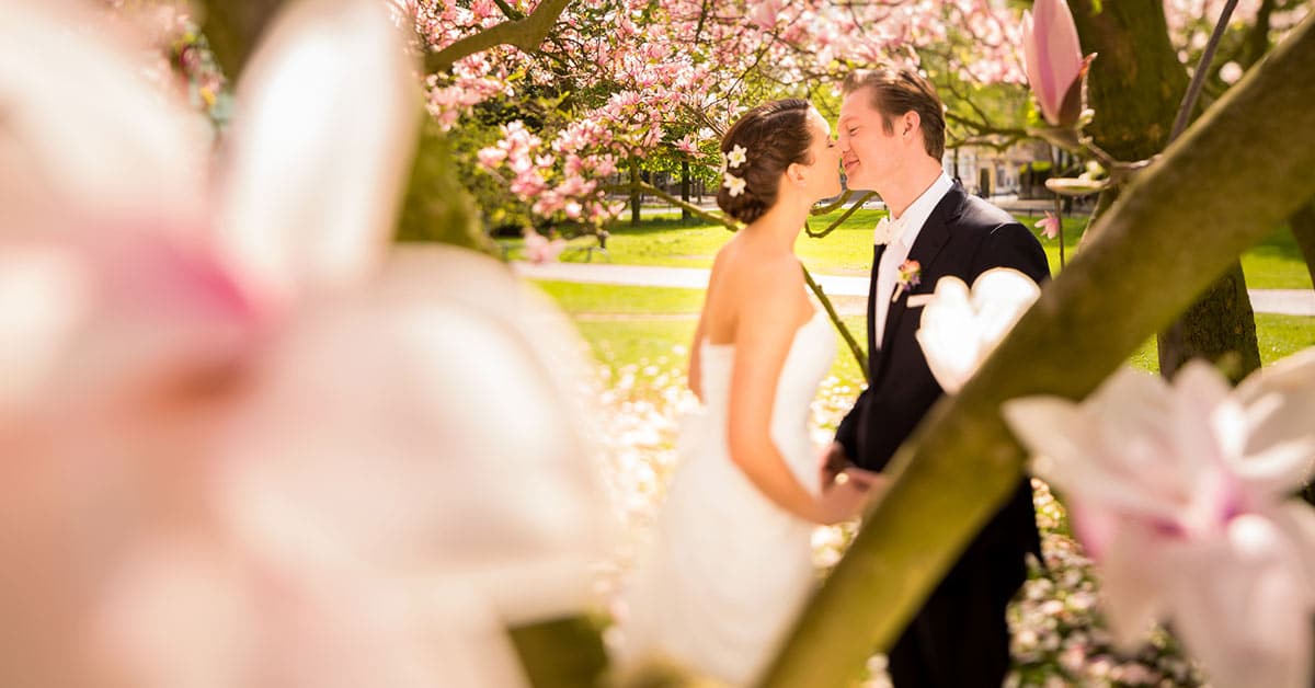 newly weds next to spring blossoms