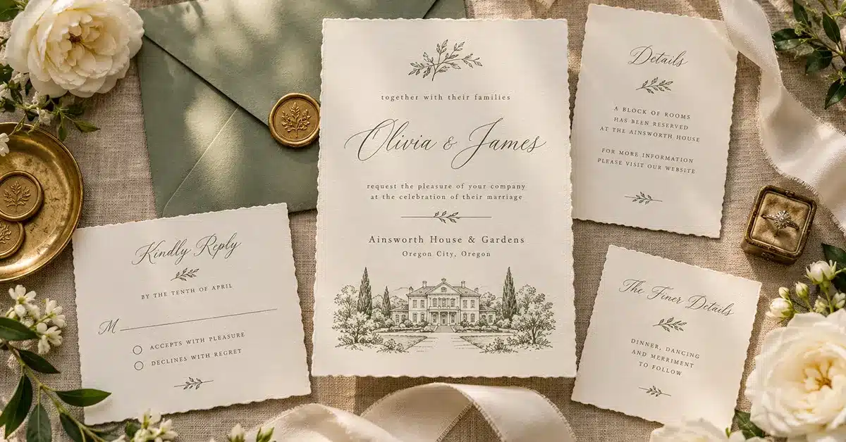 Ainsworth House and Gardens sample wedding invitation